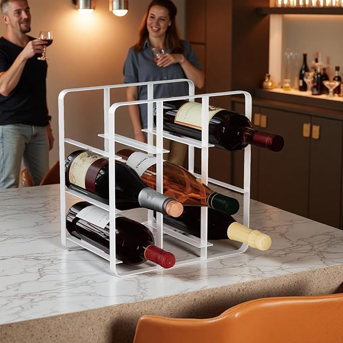 Buruis 9-Bottle Metal Wine Rack, Freestanding Holder Organizer for Red and White Wine, Kitchen Countertop, Pantry, No Assembly Required, White