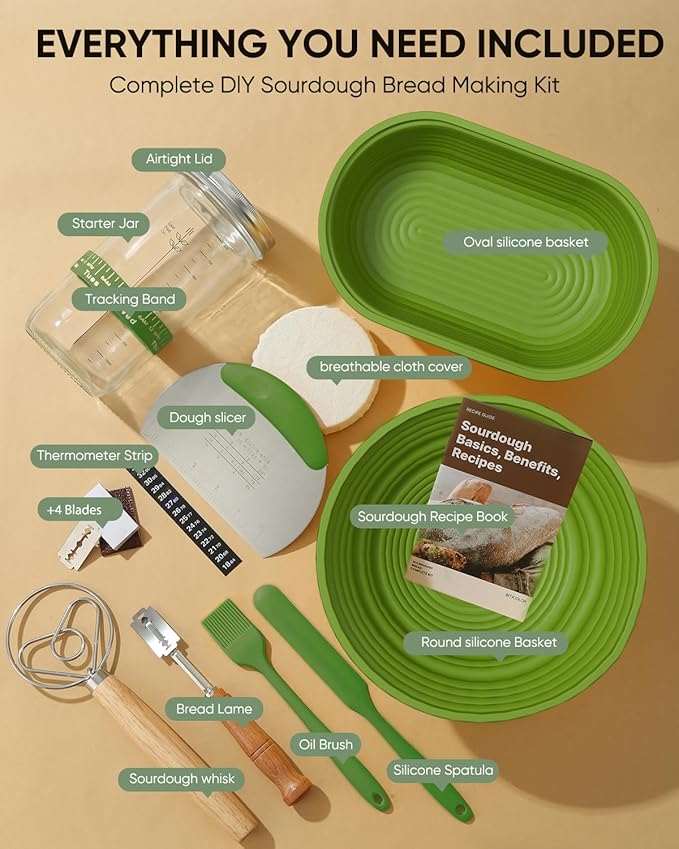 Sourdough Bread Baking Supplies 34 OZ Sourdough starter kit with 2 Bread Proofing Basket - Green