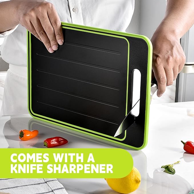 Cutting Board Double Sided,2 Pcs Vegetable Board With Sharpening Stone,Large Size+Small Size,Food Grade Stainless steel and Wheat straw PP Material,Eco-Friendly and Easy to Clean (black)