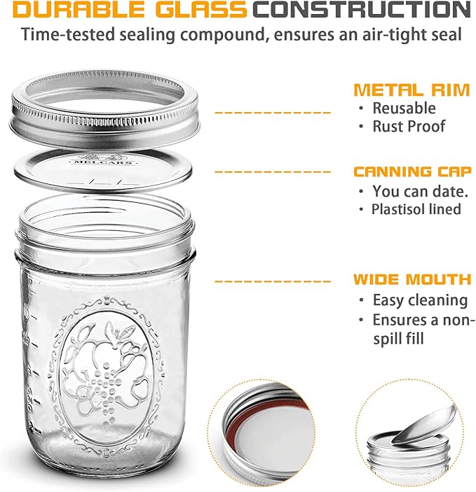 Wide Mouth Glass Mason Jars 16 oz, 6 Pack Glass Canning Jars with Metal Airtight Lids and Bands and Measurement Marks, for Canning, Preserving, Overnight Oats, Jam, Jelly, Food Storage, DIY etc