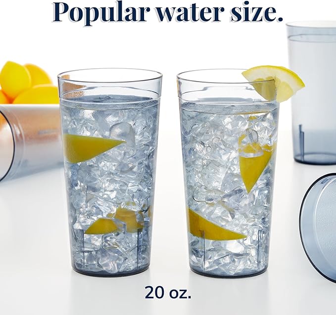 US Acrylic Cafe Plastic Reusable Tumblers (Set of 16) 20-ounce Water Cups in Grey | Value Set of Restaurant Style Drinking Glasses, Stackable, BPA-free, Made in the USA | Top-rack Dishwasher Safe