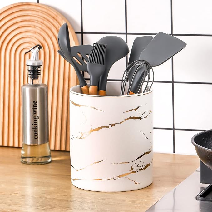 7" Marble Utensil Holder, Large Kitchen Utensil Holder Organizer , Golden Marble White Stable Utensil Crock Spatula Holder for Kitchen Counter Countertop Farmhouse Cooking Tools Holder
