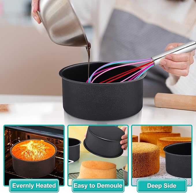 E-far 6 x 3 Inch Cake Pan Set of 2, Nonstick Stainless Steel Small Round Cake Pans Tin for Birthday Wedding, Stainless Steel Core & Non-toxic Coating, Deep & Straight Side