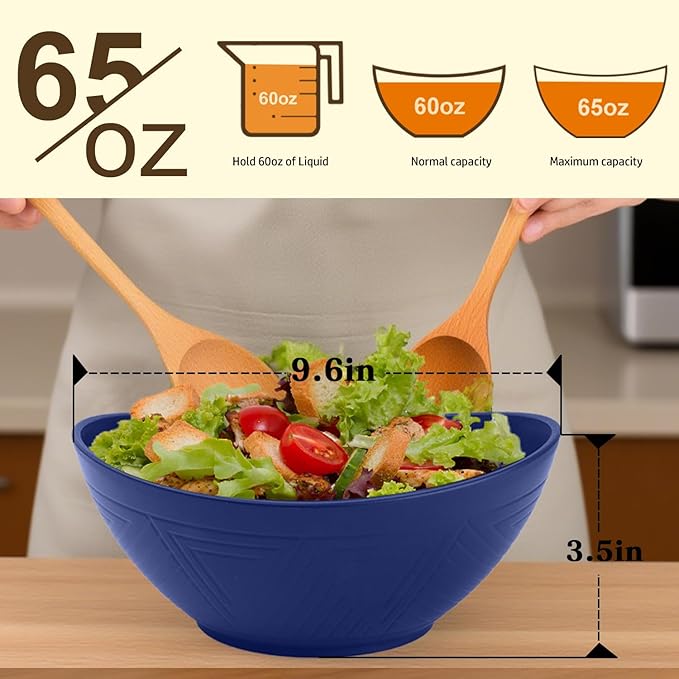 Homienly Wheat Straw Bowls, 9.6 inch Salad Bowls, Large Serving Dishes for Wedding Parties, Camping, 60 OZ Bowl Set for Salad, Popcorn, Oval Shape, Microwave & Dishwasher Safe, Set of 4, Dark Blue