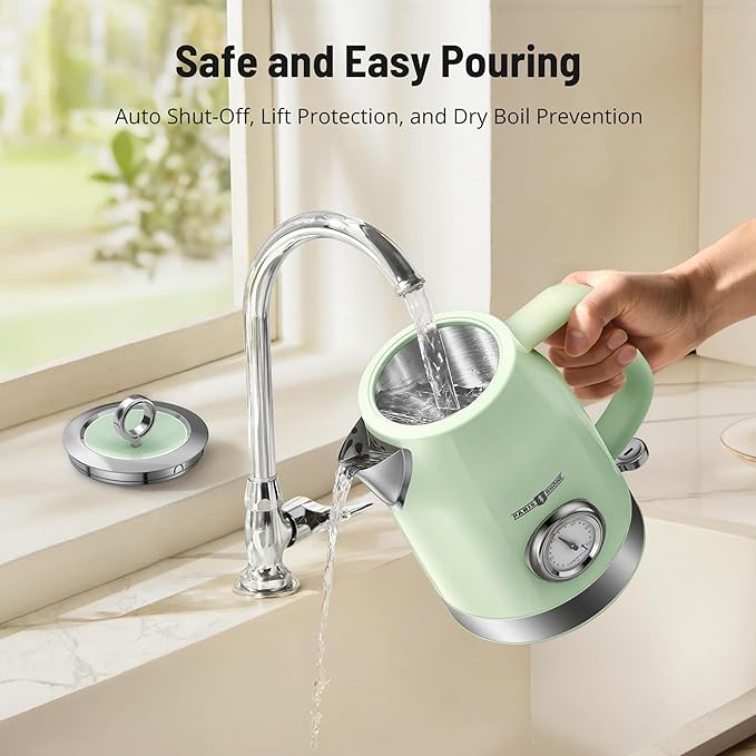 Retro Electric Kettle, PARIS RHÔNE 1.7L Hot Tea Kettle with Thermometer, 1500W Fast Heating, Cordless Design, LED Indicator, Auto Shut-Off & Boil Dry Protection