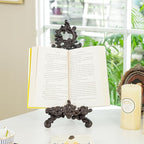 Sungmor Vintage Cast Iron Cookbook Stand, Small Ornate Easel Fleur De Lis Stand, 15.5" Tall Antique Brown Table Top Display Holder for Recipe Book, Picture Frame, Plate, Home Kitchen Decor
