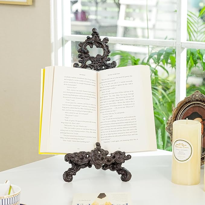 Sungmor Vintage Cast Iron Cookbook Stand, Small Ornate Easel Fleur De Lis Stand, 15.5" Tall Antique Brown Table Top Display Holder for Recipe Book, Picture Frame, Plate, Home Kitchen Decor