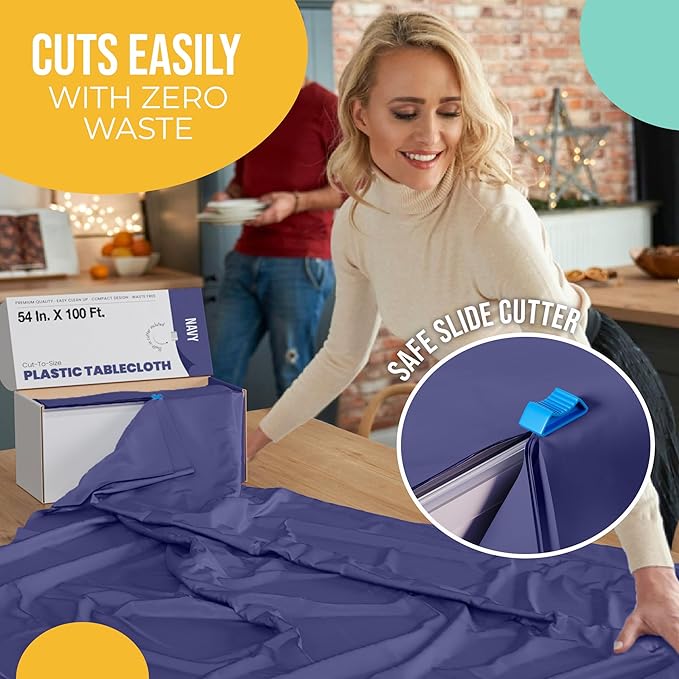 Exquisite Party Solids 54 Inch X 100 Feet Navy Plastic Table Cover Roll in A Cut - to - Size Box with Convenient Slide Cutter. Cuts Up to 12 Rectangle 8 Feet Plastic Disposable Tablecloths