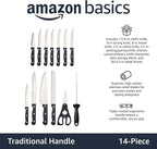 Amazon Basics 14-Piece High Carbon Stainless Steel Kitchen Knife Set with Sharpener and Pinewood Block, Black