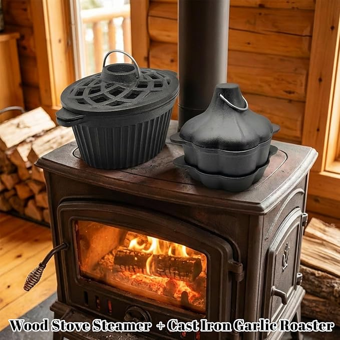 2-in-1 Wood Stove Steamer/Humidifier with Garlic Roaster & Saucepan Pot, Dual-Layer Design for Steaming, Baking, Stove Protection & Multi-Functional Cooking (1.4 Qt + Compact Size)