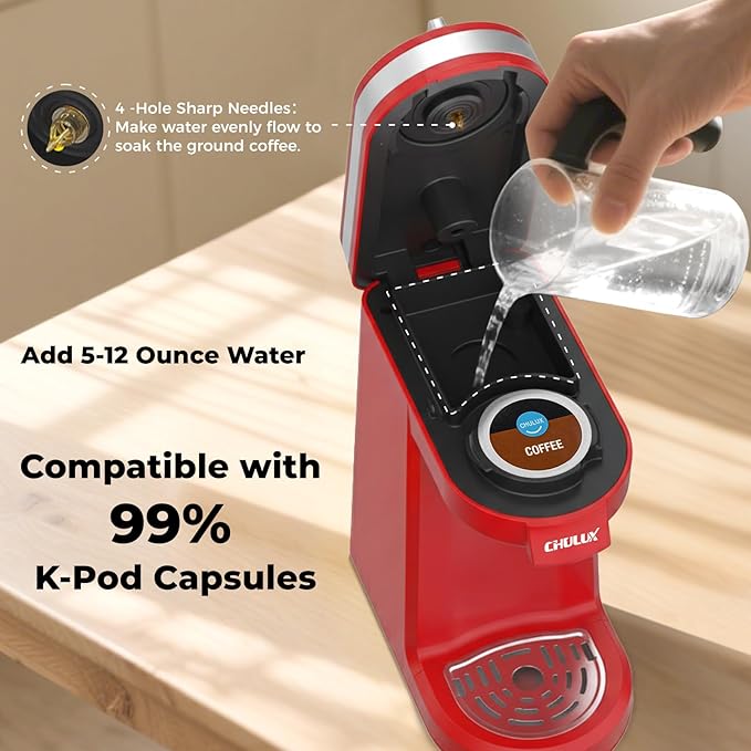 CHULUX Mini Coffee Maker for K Capsule, Single Serve Coffee Maker for One Cup Americano, Lightweight Pod Coffee Machine, Red