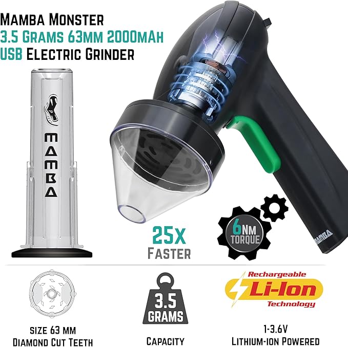 Mamba Monster 3.5g USB Electric Herb Grinder. Large Capacity Portable Metal Herbal Machine & Spice Mill for the Kitchen (Black)