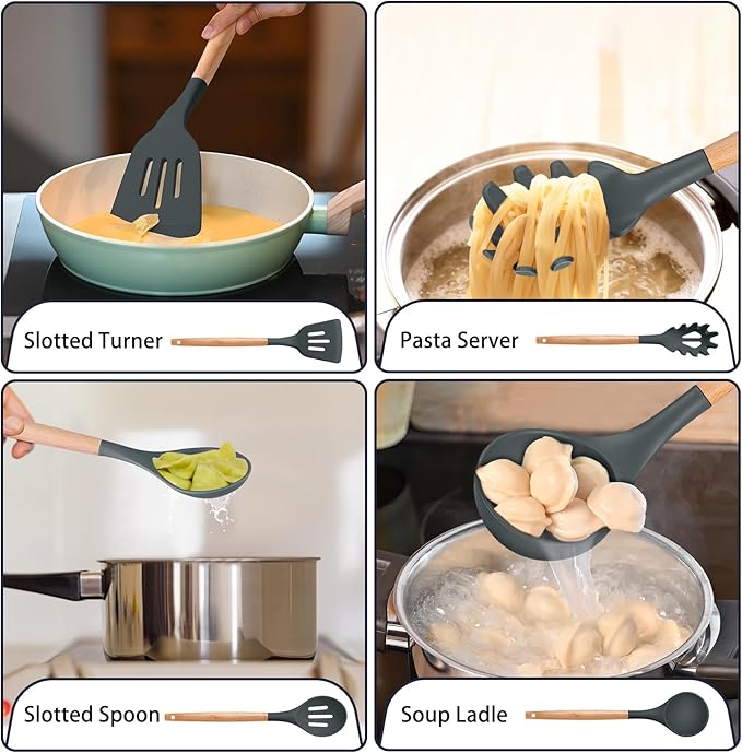 P&P CHEF Silicone Cooking Utensils Set, 8-Piece Kitchen Cooking Utensil with Wooden Handle, Silicone Spatula for Nonstick Cookware, Heat-proof & Easy Clean, Gray