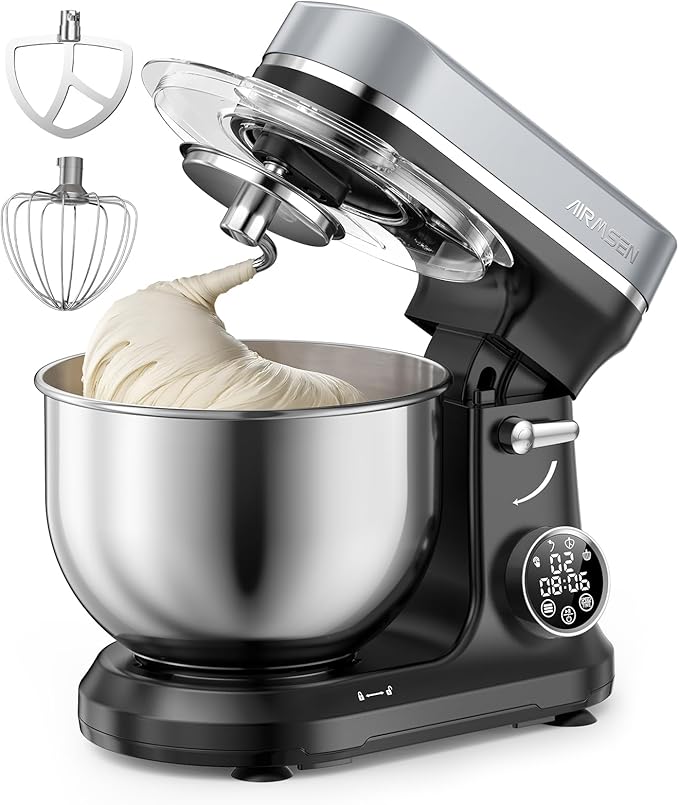 AIRMSEN Automatic Stand Mixer with LED Touchscreen & Timer - 11 Speed Tilt-Head Dough Mixer Fits 5.3QT Bowl & 3-IN-1 Attachments - Kitchen Electric Mixer for Bread Cake Baking - Black and Gray