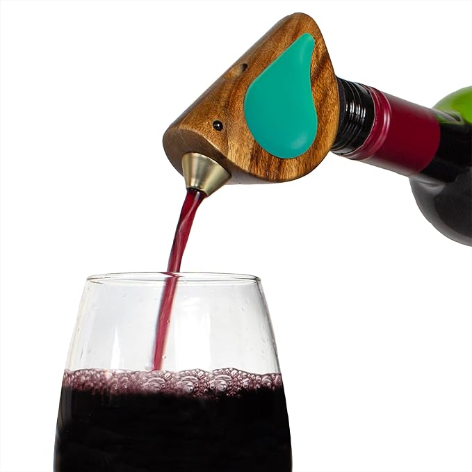Wine Bottle Pourer, Fun Wine Pourer Spout Sings While It Pours, Airtight Wine Bottle Sealer, Acacia Wood with Turquoise Wings