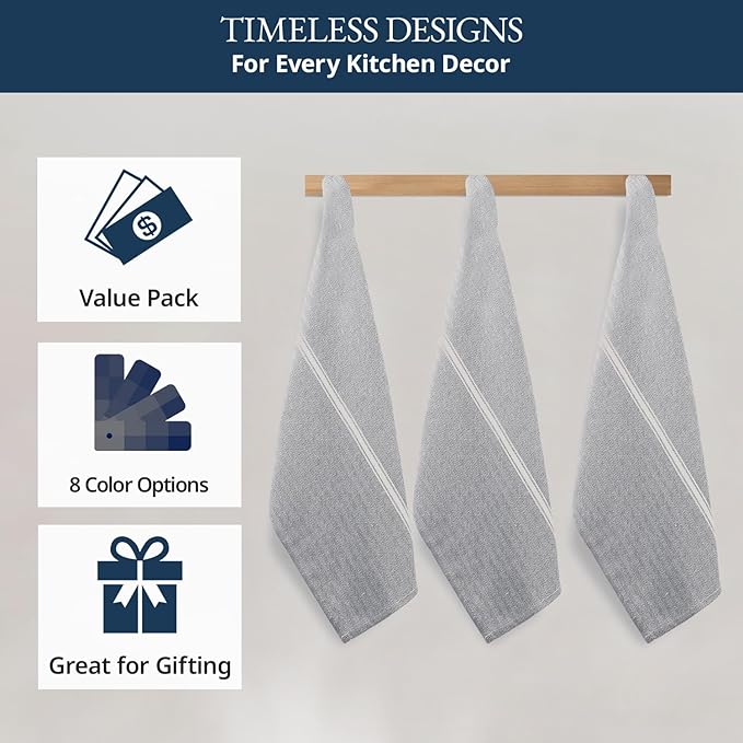 LANE LINEN Kitchen Towel Set, Pack of 12-14"x25" Tea Towels for Kitchen, Dish Drying Towels, Absorbent & Machine Washable, Soft & Durable, Reusable Cleaning Cloth for Glassware - Grey Chambray