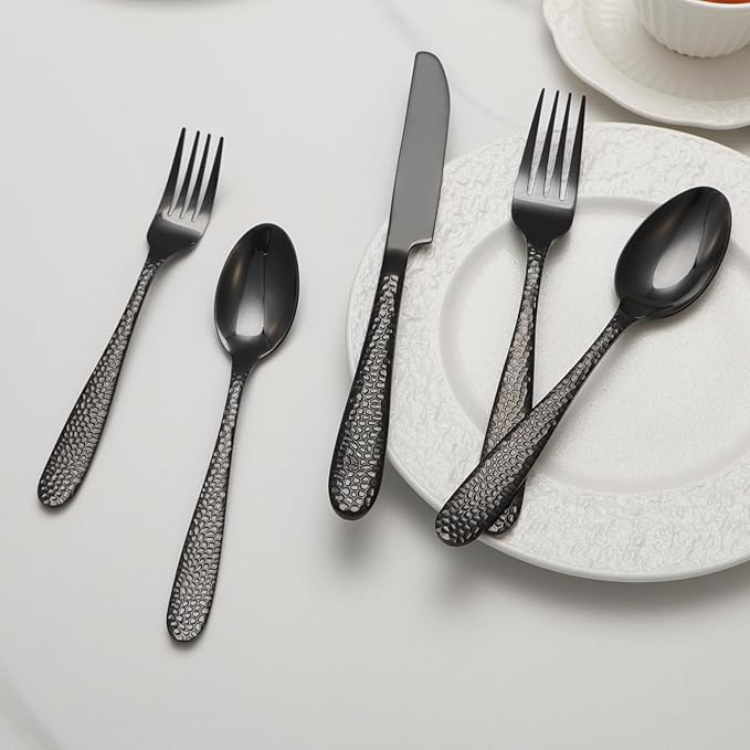 Black Hammered Silverware Set, 40 Piece Stainless Steel Heavy Duty Flatware Set for 8, Food-Grade Tableware Cutlery Set for Home Restaurant, Mirror Polished, Dishwasher Safe