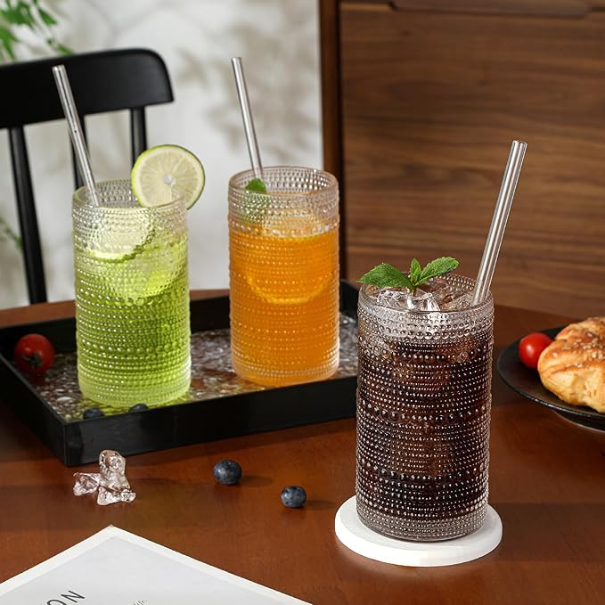 Vintage Hobnail Drinking Glasses Set of 12, 16 oz Large Capacity Embossed Clear Tumblers, Highball Glasses for Water, Cocktail, Beer, Whiskey, Kitchen & Bar Use