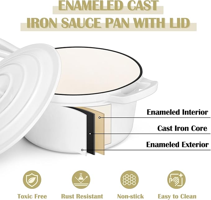 E-far Enameled Cast Iron Sauce Pan with Lid, 1 Quart Dutch Oven Saucepan, Mini Sauce Pot for Cooking, Boiling, Healthy & Non Toxic, Induction & Oven Safe, White