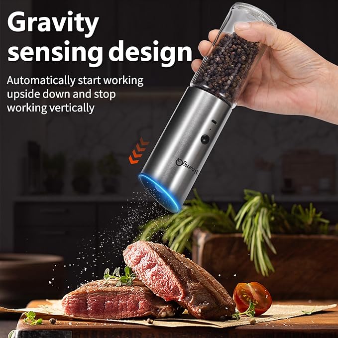 Gravity Electric Salt and Pepper Grinder Set of 2,USB Rechargeable Kitchen Electric Pepper Mill with Adjustable Grinder and LED Light,Tall Glass Salt and Pepper Grinders Refillable