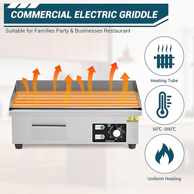 21 in Commercial Electric Griddle Countertop, 1600 w Flat Top Breakfast Teppanyaki Grill Non Stick, Heavy Duty Stainless Steel Pancake Griddle for BBQ Party Restaurants