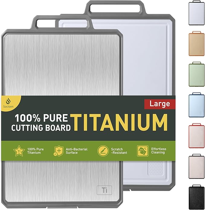 Titanium Cutting Boards for Kitchen Chopping Board with Handle Large Big Small Kitchen Meat Butcher Block Double Sided Pure Titanium and Wheat Straw PP Not Wood Bamboo Plastic Teak Grey/White