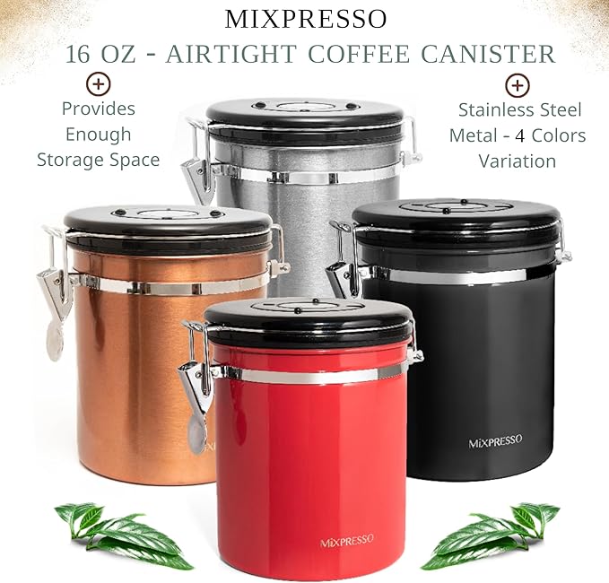 Mixpresso 16 Oz Copper Coffee Canister, Stainless Steel Airtight Coffee Container, Ground and Bean Storage with Date Tracker, Vacuum Sealed Espresso Airtight Container, Sugar Container