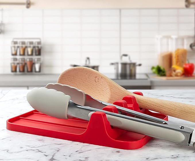 Silicone Utensil Rest and Spoon Holder, Heat Resistant Kitchen Spoon Rest for Multiple Utensils, Dishwasher Safe Drip Pad for Spatulas, Tongs, Ladles, and Spoons (Candy Red)
