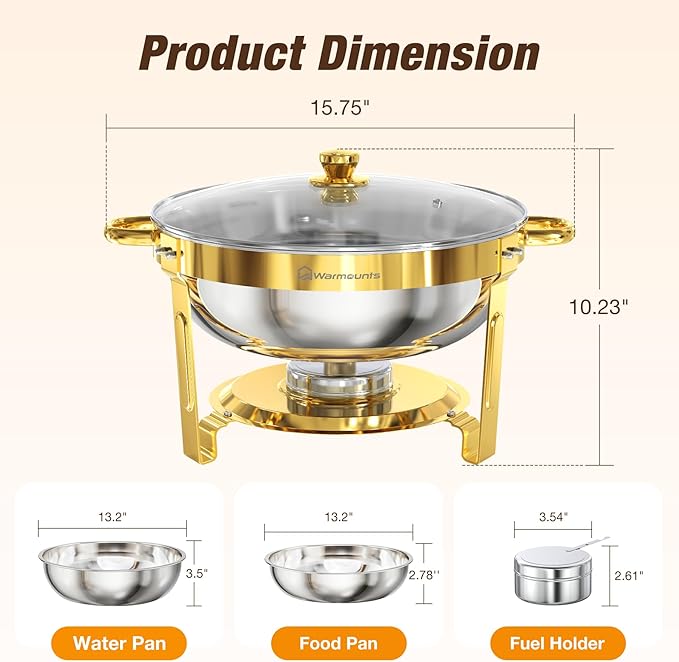 Gold Chafing Dishes for Buffet with Glass Lid (5QT, 4 Pack), Round Stainless Steel Chafers and Buffet Warmers Sets with Lid Holder, Rolled Edge Design, for Catering Events, Parties, Weddings
