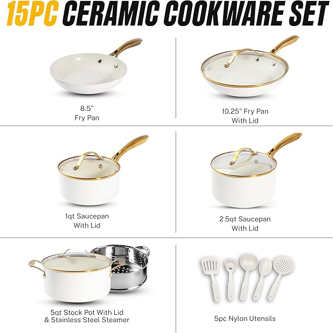 Gotham Steel 15 Pc Ceramic Cookware Set, Ceramic Pots and Pans Set Non Stick with Cooking Utensils and Steamer, Non Toxic PFOA PFOS Free, Premium Gold Stay Cool Handles, Oven & Dishwasher Safe