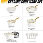 Gotham Steel 15 Pc Ceramic Cookware Set, Ceramic Pots and Pans Set Non Stick with Cooking Utensils and Steamer, Non Toxic PFOA PFOS Free, Premium Gold Stay Cool Handles, Oven & Dishwasher Safe