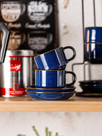 Gomakren 2.5 Ounce Espresso Cups Set of 4, Small Stackable Coffee Cups with Saucers and Metal Stand, Halloween Porcelain Demitasse Cups for Specialty Coffee Drinks, Espresso, Cappuccino, Cobalt Blue