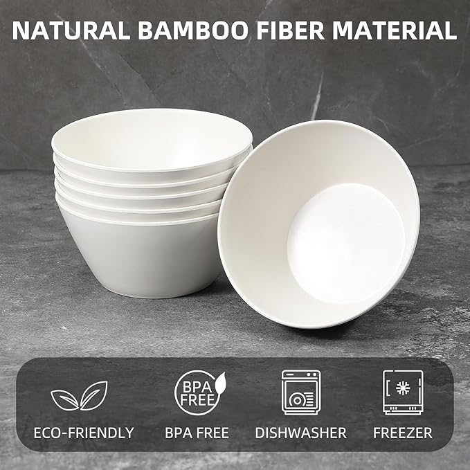 Bamboo Fiber Cereal Bowls Set 6 Pieces, 24 Ounce Soup Bowls White, Melamine Bowls Set Large for Kitchen, Deep Serving Bowls for Cereal, Soup, Oatmeal, Rice, Pasta, Salad, Off-white