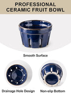 Gomakren Ceramic Berry Basket Set of 2, Round Fruit Bowl with Holes, Small Fruit Basket Containers for Kitchen Counter, Berries, Strawberry, Grape, Cherry - Cobalt Blue