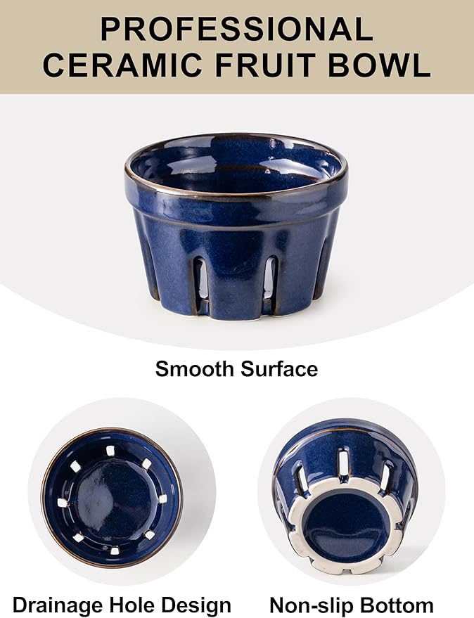 Gomakren Ceramic Berry Basket Set of 2, Round Fruit Bowl with Holes, Small Fruit Basket Containers for Kitchen Counter, Berries, Strawberry, Grape, Cherry - Cobalt Blue