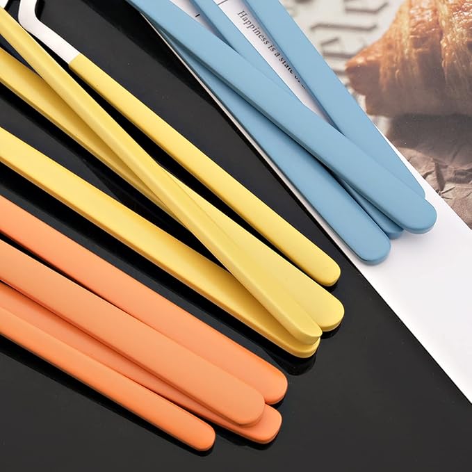 JASHII Hangable Silverware Set, Fresh Macaron Colors Flatware Cutlery Set Service for 2, Satin Finish 8 Piece Stainless Steel Utensils Set for Home and Restaurant, Dishwasher Safe(Orange Silver)