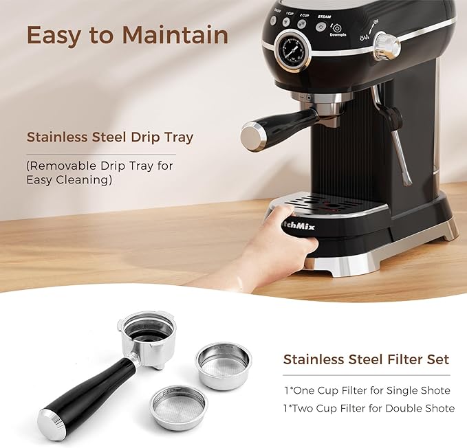 Espresso Machine with Milk Frother, 20 Bar Espresso Maker for Latte and Cappuccino, Expressions Coffee Machine with Removable Water Tank (Black)