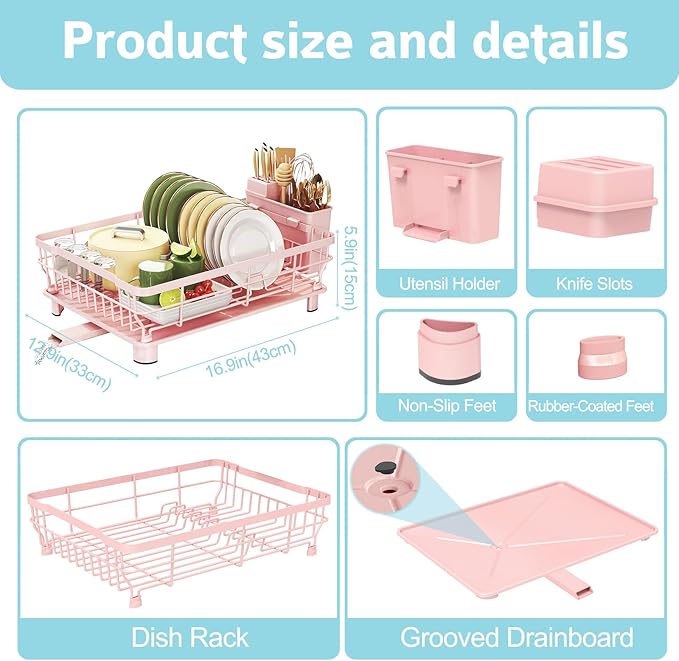 Dish Drying Rack - Space Saving Dish Rack - Dish Racks for Kitchen Counter with Drainboard,Rustproof Dish Drainer with Removable Utensil Holder,Pink