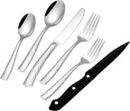 EUIRIO 48-Piece Hammered Silverware Set with Steak Knives, Stainless Steel Flatware Set for 8, Mirror Finish Cutlery Set for Home Hotel, Include Forks Spoons and Knives, Dishwasher Safe