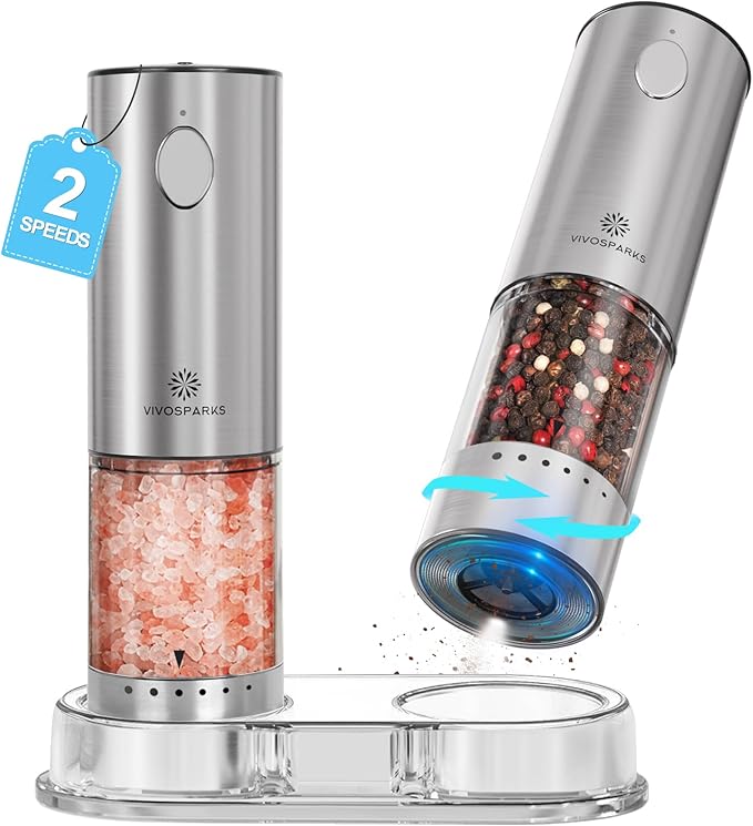 Vivosparks Electric Salt and Pepper Grinder Set, Upgraded 2-Speed Rechargeable Mills with 6-Level External Adjustable Coarseness, Stainless Steel, One-Hand Use, Storage Base & Gift Packaging