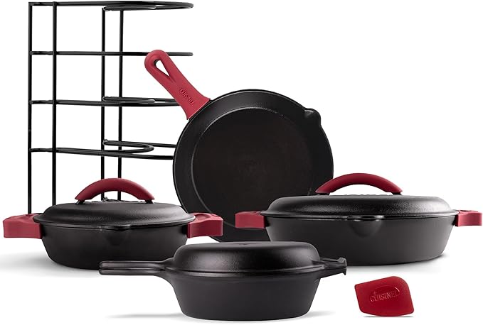 Cuisinel Cast Iron 16-Piece Pre-Seasoned Cookware Set - 8" + 12" Braiser Pans + Cast Iron Lids + 10" Skillet + 2-in-1 Multi-Cooker + 12" Organizer + Scraper + Silicone Handle Covers - Fire or Oven Use