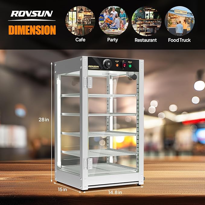 ROVSUN 5-Tier Commercial Food Warmer, 15" Pizza Warmer Food Warmer Display with LED Adjustable Lighting Glass Door Removable Shelves, Countertop Electric Food Warmer for Buffet Restaurant 110V 800W