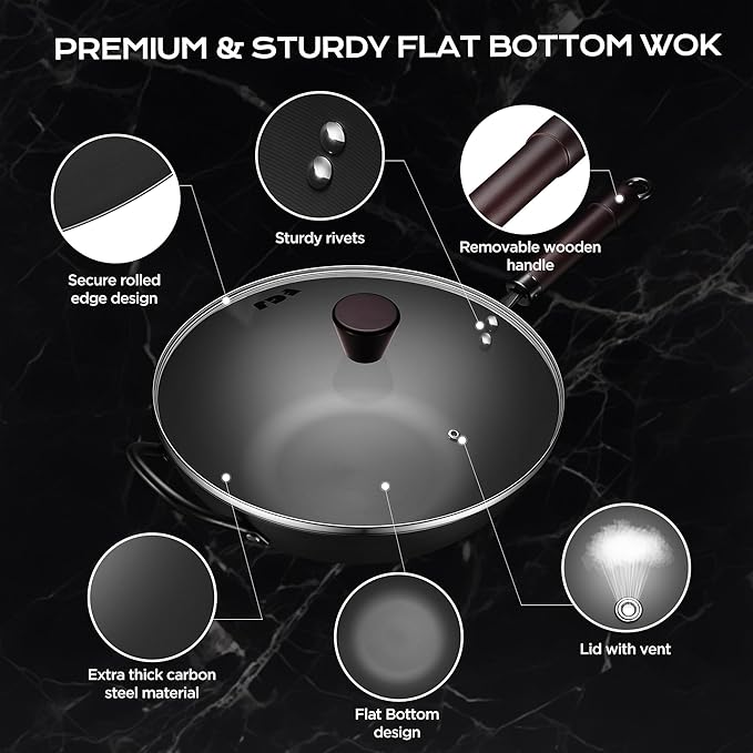 FGJ Wok, 13 Inch carbon steel wok pan with steamer & stir-fry pans nonstick, Pre-Seasoned 5.8QT Flat Bottom Chinese Woks Paella Pan with lid, Carbon Steel Cookware, Compatible with All Cooktops