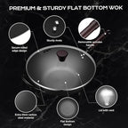 FGJ Wok, 13 Inch carbon steel wok pan with steamer & stir-fry pans nonstick, Pre-Seasoned 5.8QT Flat Bottom Chinese Woks Paella Pan with lid, Carbon Steel Cookware, Compatible with All Cooktops