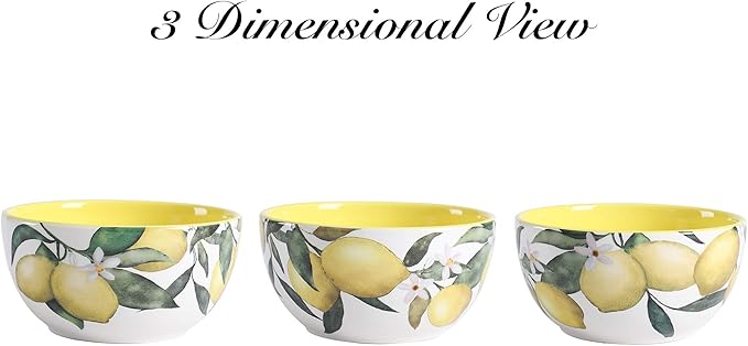 Bico Lemon Dreams Cereal Bowls Set of 4, 26 oz Deep Ceramic Soup Bowls for Cereal, Salad, Noodles, Kitchen, Microwave and Dishwasher Safe, Gift for Housewarming and Thanksgiving
