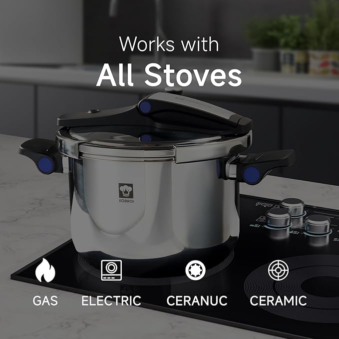 8QT Stainless Steel Pressure Cooker, Olla de presion, Cooking Pressure Cooker, Compatible with Induction and Gas Stovetops, Dishwasher Safe, One-Hand Opening Design