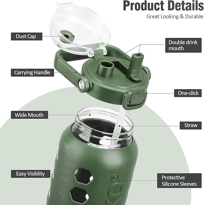 MUKOKO Half Gallon/64 oz Glass Water Bottles with Straw and Lid,Motivational Water Jug with Time Marker Reminder and Silicone Sleeve,100% Leakproof BPA Free Fitness Sports Large Bottle-Olive