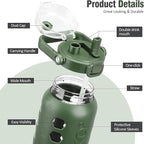 MUKOKO Half Gallon/64 oz Glass Water Bottles with Straw and Lid,Motivational Water Jug with Time Marker Reminder and Silicone Sleeve,100% Leakproof BPA Free Fitness Sports Large Bottle-Olive