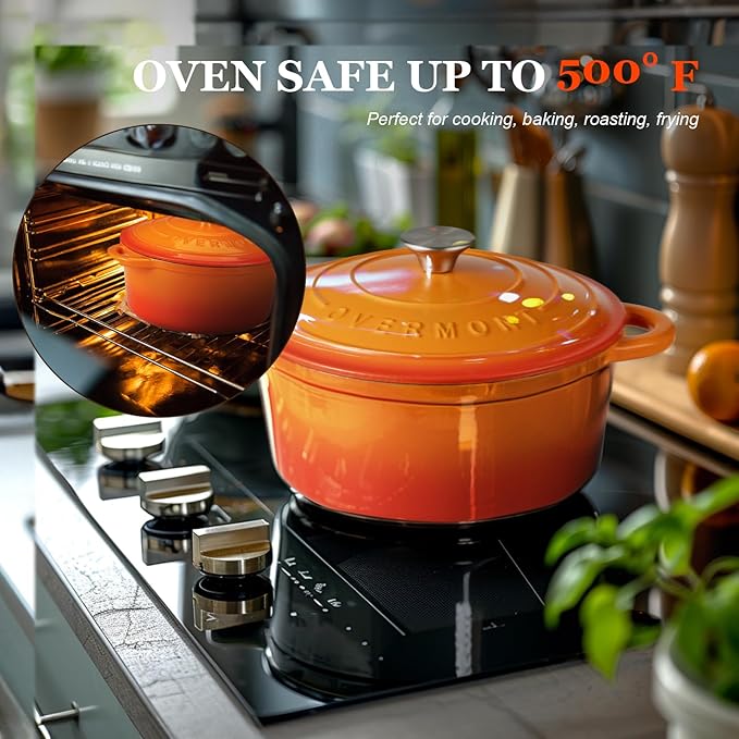 Overmont Enameled Cast Iron Dutch Oven - 4.5QT Pot with Lid Cookbook & Cotton Potholders - Heavy-Duty Cookware for Braising, Stews, Roasting, Bread Baking orange