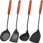 FJNATINH Silicone Wok Spatula,Turner,Ladle,Skimmer Set,Wok Tools, Wok Utensil,Non Stick Heat-Resistant Stainless Steel Cooking Utensils BPA Free Kitchen Utensils Cookware, Pack of 4,Black